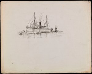 PAH1225; Ångfartyg nära en kust med bogserbåt bredvid. Passagerarfartyg med bogserbåt och hjulångaren Tilbury i närheten (teckning) av John Everett