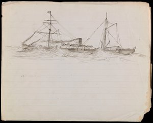 PAH1228; Skisser av ett slagskepp och två andra fartyg från Royal Navy (teckning) av John Everett