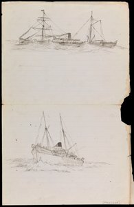 PAH1228; Skisser av ett slagskepp och två andra fartyg från Royal Navy (teckning) av John Everett