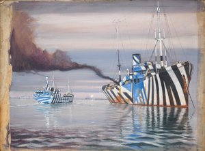 S.S. Lepanto och ett annat ångfartyg, båda bländande målade, för ankar i lugnt vatten