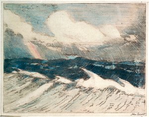 Havslandskap - ljusblå vågbrytare 5 "The Rainbow", 1900-talet (färglagd etsning) av John Everett