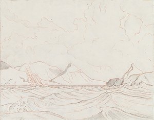Havslandskap med fartyg som passerar land (1), tidigt 1900-tal (grafit, brun krita) av John Everett