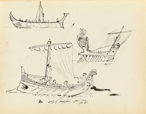 Skisser av tidiga fartyg, bl.a. ett romerskt fartyg med segel och åror och Odysseus skepp, 500 f.Kr (från en vas), tidigt 1900-tal (penna, svart bläck) av John Everett