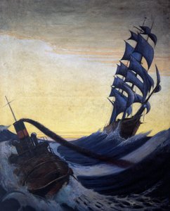 Segelbåten "Cutty Sark" har fulla segel på vågornas krön och en bogserbåt. Olja på duk