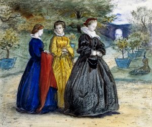 "Mary Queen of Scots" Drottning Maria Stuart (1542-1587) eller Maria I av Skottland och hennes följe. Målning av John Everett Millais (1829-1896) (prerafaelit) av John Everett Millais