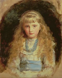 Porträtt av Beatrice Caird klädd i en vit klänning med ett blått skärp av John Everett Millais