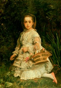 Porträtt av Gracia, full längd, iklädd en vit klänning, plockar vilda blommor av John Everett Millais