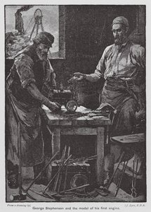 George Stephenson och modellen av hans första motor (färglitografi) av John Eyre