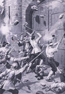 Plundringen av Dundee 1 september 1651: Engelska sjömän attackerar Wellgate Port, illustration från 