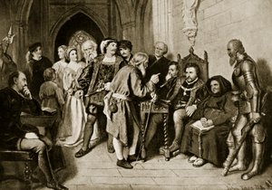 James IV i råd före slaget vid Flodden, 1513, illustration från "Hutchinson