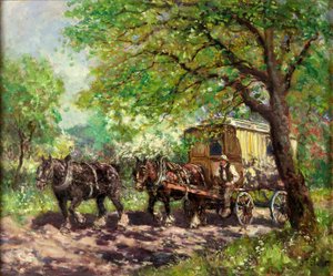 Två hästar och en husvagn