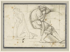 Studieblad med en sovande ung man och en knästående bedjande kvinna av John Flaxman (II)