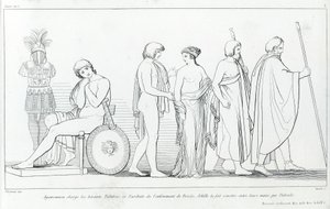 Agamemnon anklagade härolderna Taltibius och Euribat för bortförandet av Briseis; Achilles fick den överlämnad till deras händer av Patrocles. Teckning av John Flaxman (1755 - 1826). Homeros Iliaden. Sjunger I av John Flaxman
