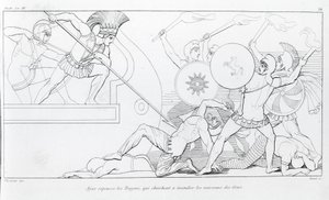 Ajax stöter bort trojanerna som försöker bränna de grekiska skeppen. Teckning av John Flaxman (1755 - 1826). Homeros Iliaden. Sång XV. av John Flaxman