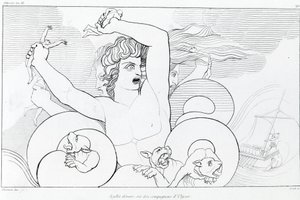 Avsnitt av Charybde och Scylla: sex av Ulysses följeslagare slukas. Teckning av John Flaxman (1755 - 1826). Homeros Odyssey. Sång XII.