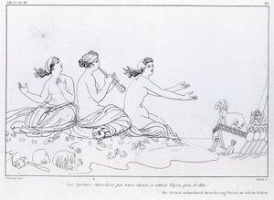 Sjöjungfrur försöker med sin sång att locka till sig Ulysses. Teckning av John Flaxman (1755 - 1826). Homeros Odyssey. Sång XII.
