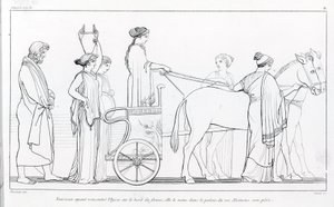 Nausicaa, som precis träffat Ulysses, tar honom tillbaka till sin fars palats, kung Alkinoos. Teckning av John Flaxman (1755 - 1826). Homeros Odyssey. Sång VI.