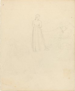 Stående kvinnlig figur som tittar på liggande och sittande figurer av John Flaxman
