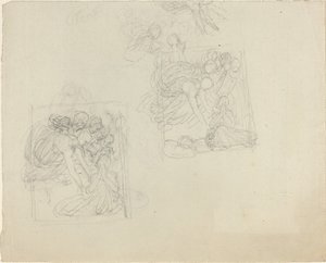 Studier för ett monument med änglar som sträcker sig ner till en bedjande figur [recto and verso] av John Flaxman