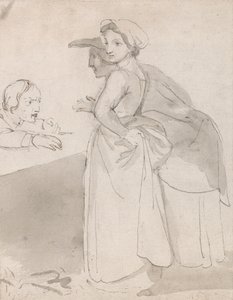 Två kvinnor som pratar med en man vid en disk av John Flaxman