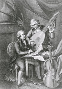 Porträtt av Franz Joseph Haydn (1732-1809) och Wolfgang Amadeus Mozart (1756-91) som komponerar musik för luta, graverat av Michele Benedetti (1745-1810)