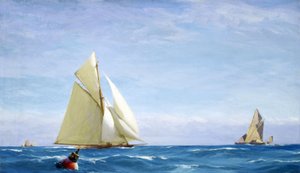 En stor segelbåt och en pråm på Themsen utanför en hamn. Olja på duk, ca 1910, av John Fraser (1858-1927).