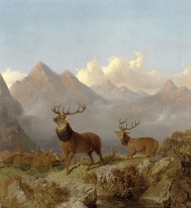 Detalj av hjortar och hindar i ett höglandslandskap, 1864 av John Frederick Herring Junior