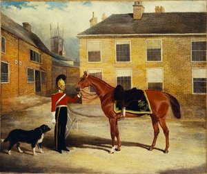En officer från dragonvakterna, karibiner med sitt berg i barackens stallgård, 1839 av John Frederick Herring Senior