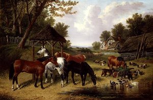 Hästar vid en gårdsdamm (olja på duk) av John Frederick Herring Senior