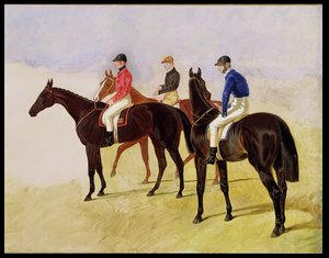Undersökning av tre steeplechase-sprickor: Allen McDonough på Brunette, Tom Oliver på Discount och Jem Mason på Lottery, eller Tre tävlingshästar med Jockeys Up