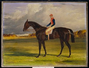 The Earl of Chesterfields Filly "Industry", med W. Scott Up, in a Landscape, 1838 av John Frederick Herring Senior