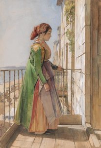 En grekisk flicka står på en balkong av John Frederick Lewis