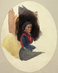 Skiss av sittande kvinna i bondedräkt av John Frederick Lewis