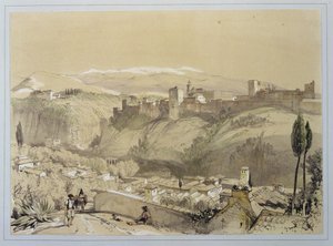 Alhambra från Albay, från "Sketches and Drawings of the Alhambra", graverad av James Duffield Harding (1798-1863), 1835 av John Frederick Lewis