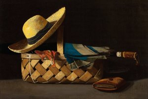 ""Marknadskorg, hatt och paraply"" (Marknadskorg, hatt och paraply) Stilleben - målning av John Frederick Peto (1854-1907) cirka 1890 Privat samling av John Frederick Peto
