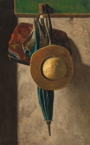 Stråhatt, väska och paraply, ca 1900 (olja på tyg överförd från canvasbräda)