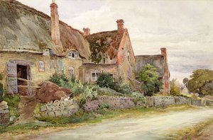 Halmtak stuga med lada angränsande, 1881 (wc & grafit på papper) av John Fulleylove