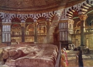 Den heliga klippan under kupolen i Omar-moskén (färg litho) av John Fulleylove