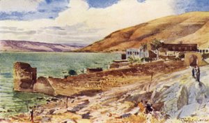 Galileiska sjön, blick söderut från Tiberias (färg litho) av John Fulleylove