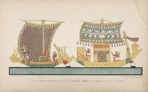 Båtar med färgade segel, från Ramses III:s grav i Thebe, illustration från "Maners and Customs of the old egyptians...", 1837-41 av John Gardner Wilkinson