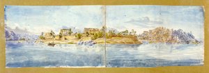 Ön Philae. Akvarell av John Gardner Wilkinson (1797-1875), brittisk resenär och arkeolog, "den brittiska egyptologins fader". Fornegyptiskt tempelkomplex vid Nilen nära Aswan av John Gardner Wilkinson