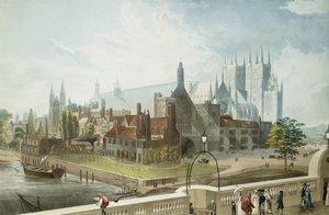 Westminster Hall and Abbey, graverad av Daniel Havell (1785-1826) publicerad av Rudolph Ackermann (1764-1834) 1819 (färgad akvatint)