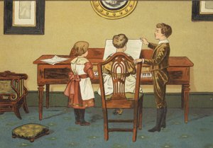 Barn som övar vid pianot (färg litho)