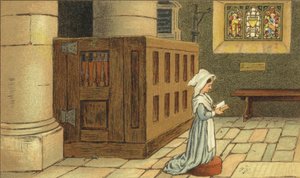 Flicka ber i kyrkan (färg litho)