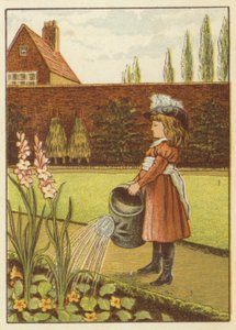 Flicka som vattnar trädgården (färg litho)