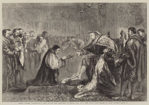Biskop Latimer presenterar en kopia av Nya testamentet till Henrik VIII som en nyårsgåva av John Gilbert