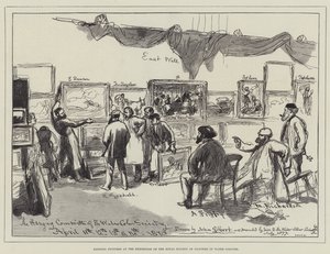 Hängande bilder på utställningen av Royal Society of Painters in Water Colors av John Gilbert