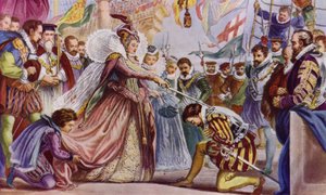 Drottning Elizabeth II riddar Sir Francis Drake ombord på sitt skepp, The Golden Hind, Deptford, 1581