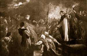 Kardinal Wolseys ankomst till Leicester Abbey, 1530, illustration från Hutchinsons "Story of the British Nation", ca 1920. av John Gilbert