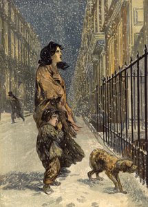 Hemlösa fattiga, mor och barn med hund i snön (kromolit) av John Gilbert
